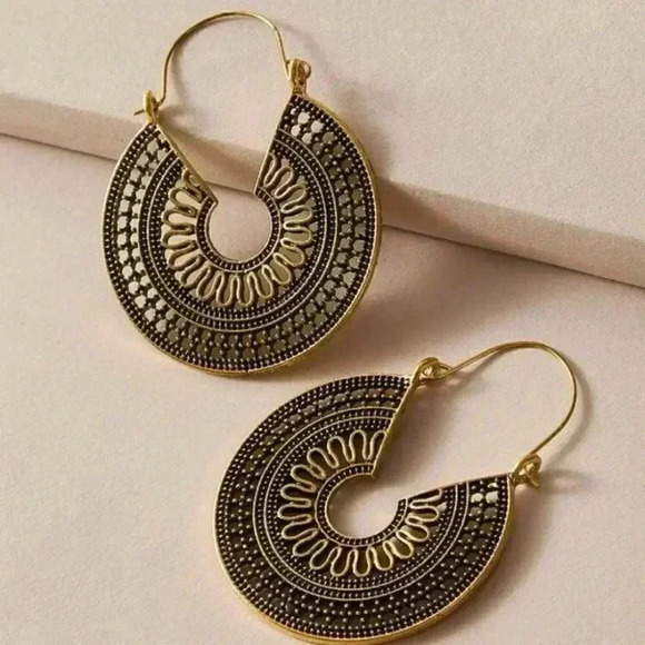 Antique Gold Tribal Boho Ethnic Bohemian Gypsy Hoop Earrings - Picture 1 of 5